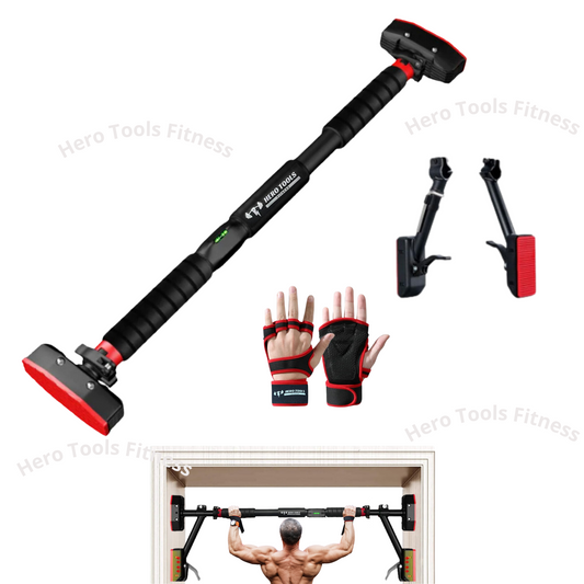 Hero Tools Fitness, Pull Up Bar: Strength Training Chin up Bar without Screws - With Gloves, Adjustable 27-42in / 69-106cm. Width Locking Mechanism Pull-up Bar for Doorway - Max Load 880lb with Support Frames. Non-slip