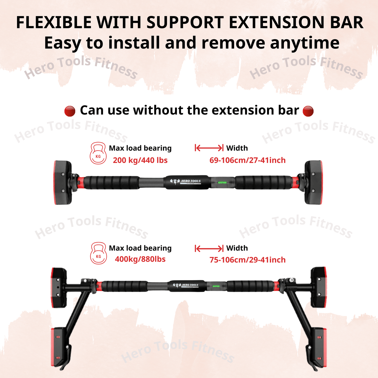 Hero Tools Fitness, Pull Up Bar: Strength Training Chin up Bar without Screws - With Gloves, Adjustable 27-42in / 69-106cm. Width Locking Mechanism Pull-up Bar for Doorway - Max Load 880lb with Support Frames. Non-slip